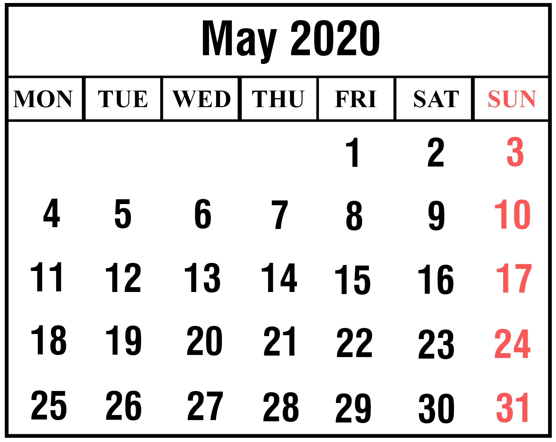Get May 2020 Calendar With Holidays Printable Template