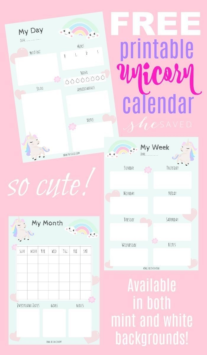 Get Organized! Free Printable Unicorn Calendar Pages | Kids