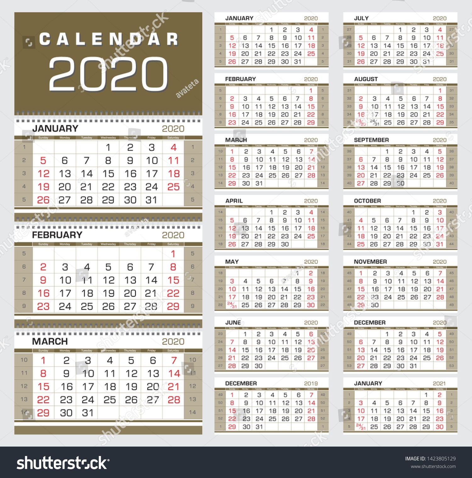 Gold Wall Quarter Calendar 2020 Week Stock Image | Download Now