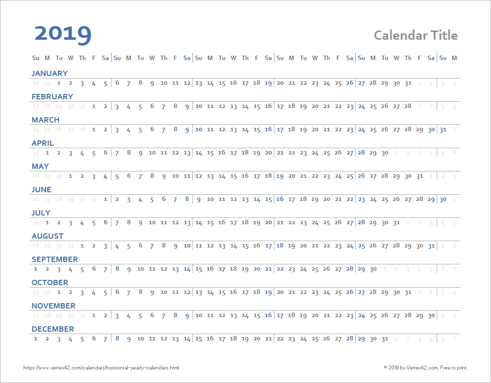 Horizontal Yearly Calendar Templates