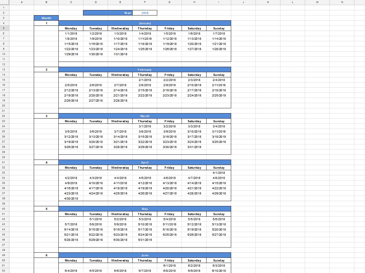 Year Calendar Google Sheets Month Calendar Printable