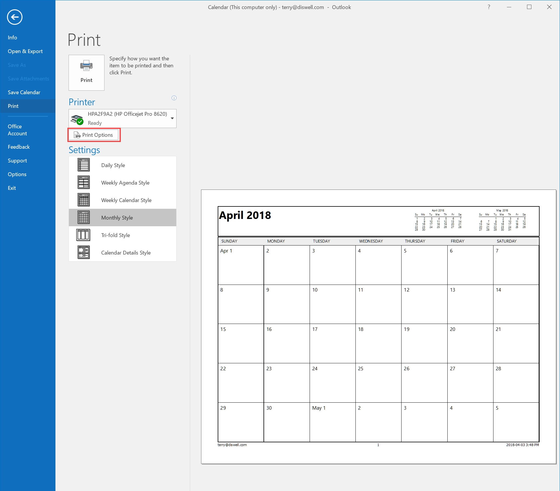 How To Email Or Print Your Calendar In Outlook 2016