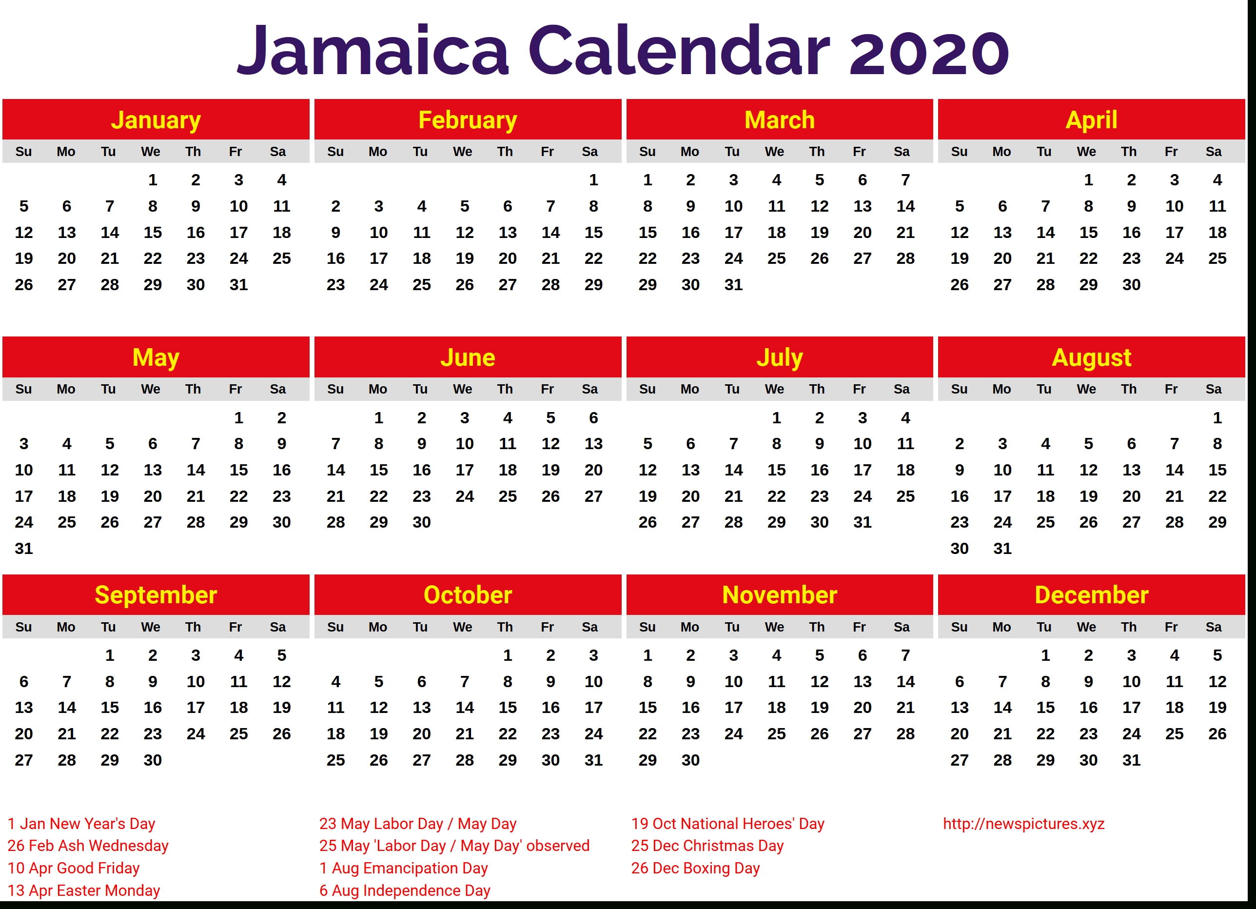 Image For Jamaica 2020 Calendar | Holiday Calendar, 2019