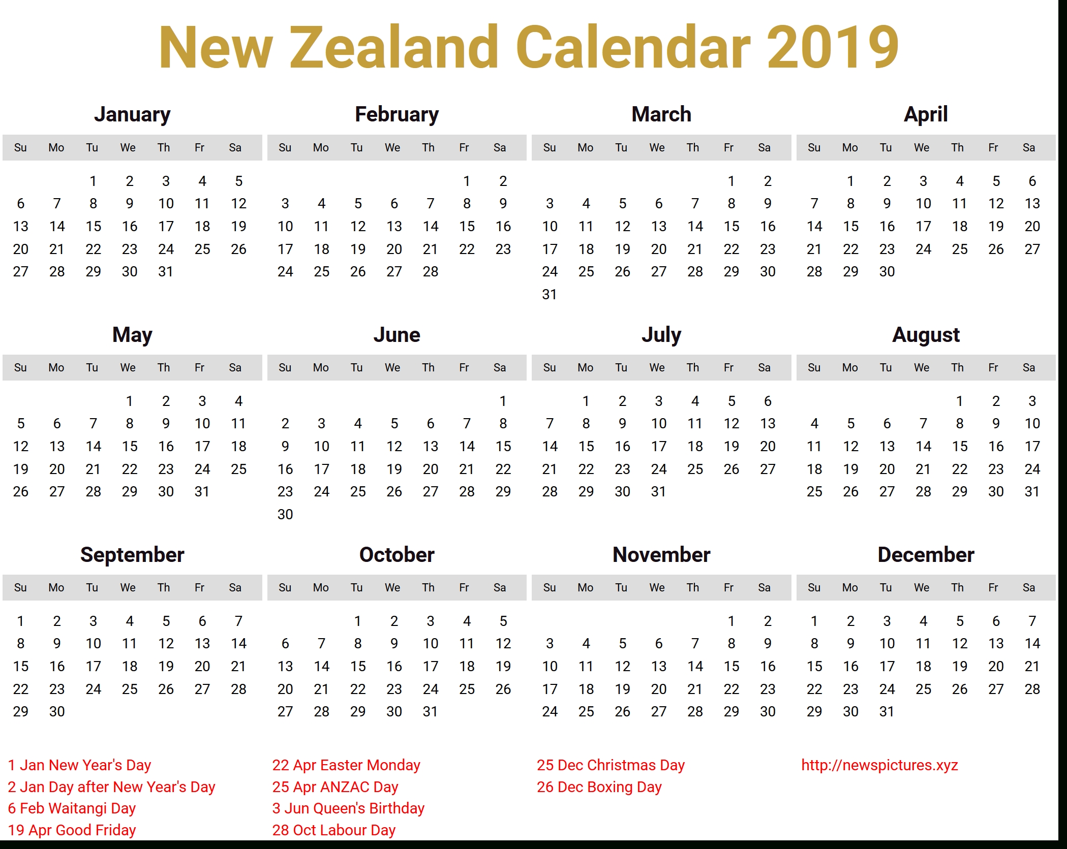 Image For New Zealand Calendar 2019 Download | Holiday