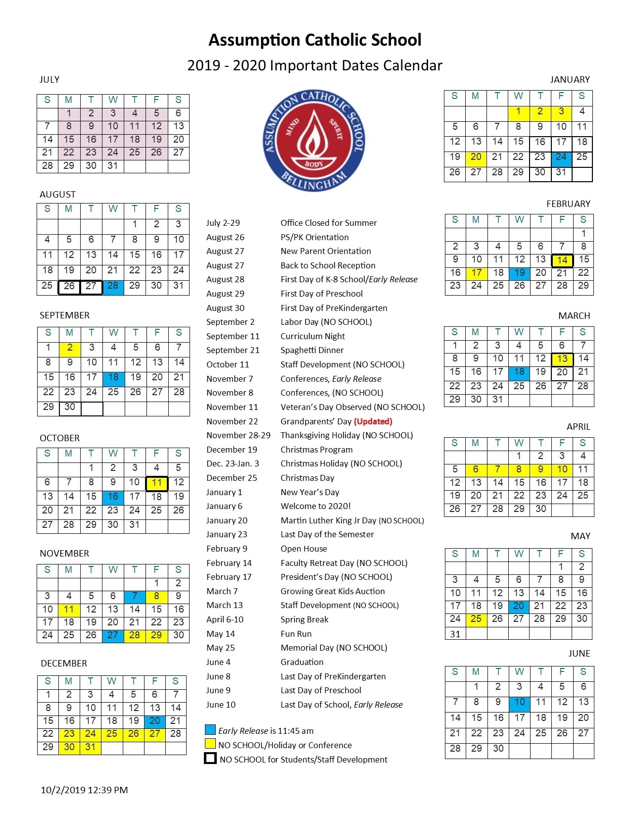 Important Dates Calendar 2019-2020 - Assumption Catholic School