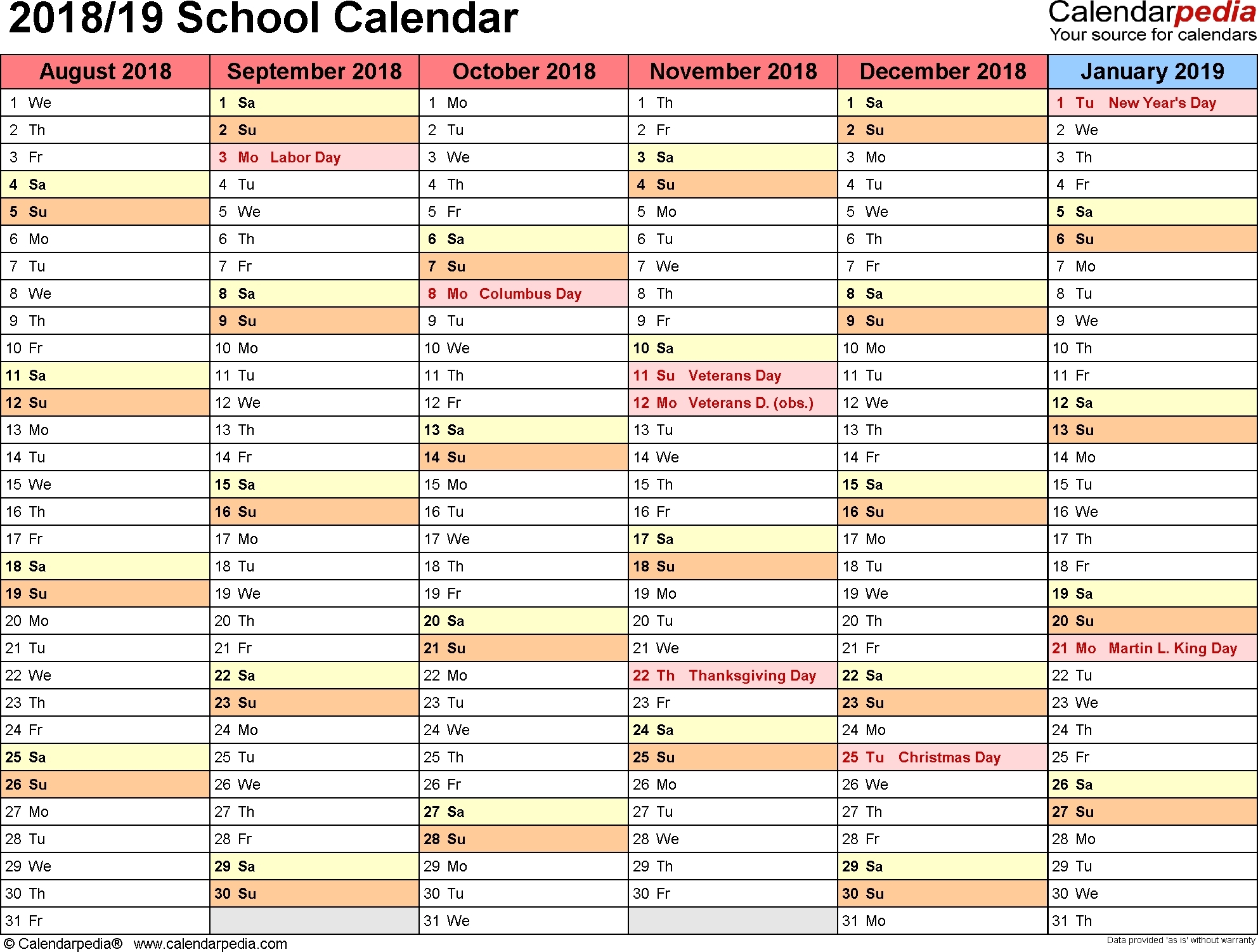 Incredible Unit 5 School Calendar 2019-18 • Printable Blank