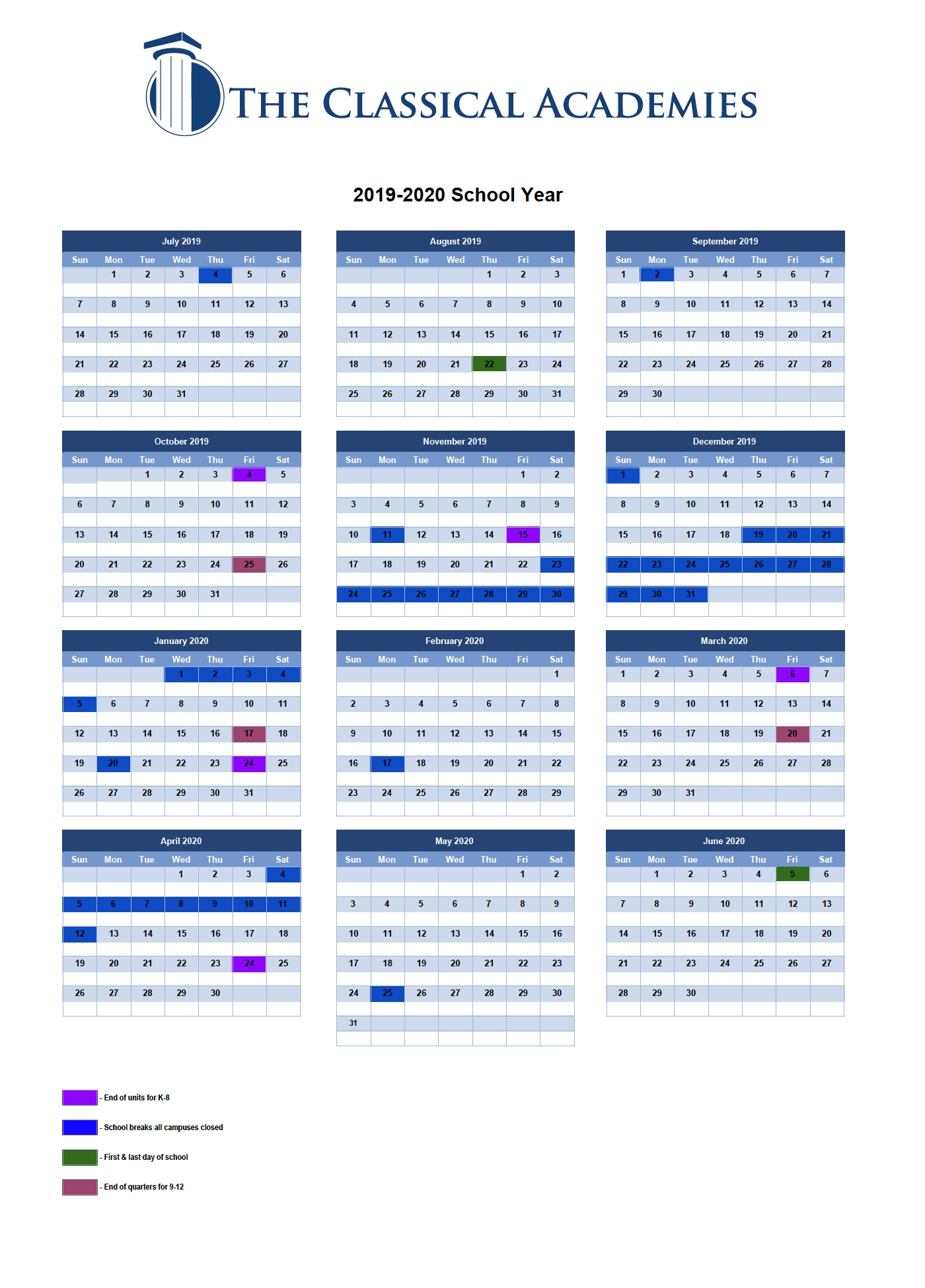 Instructional Calendar - The Classical Academies