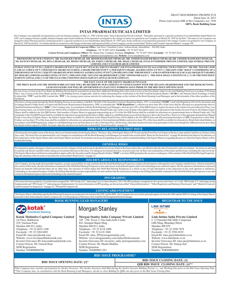 Intas Pharmaceuticals Limited Draft Red Herring Prospectus