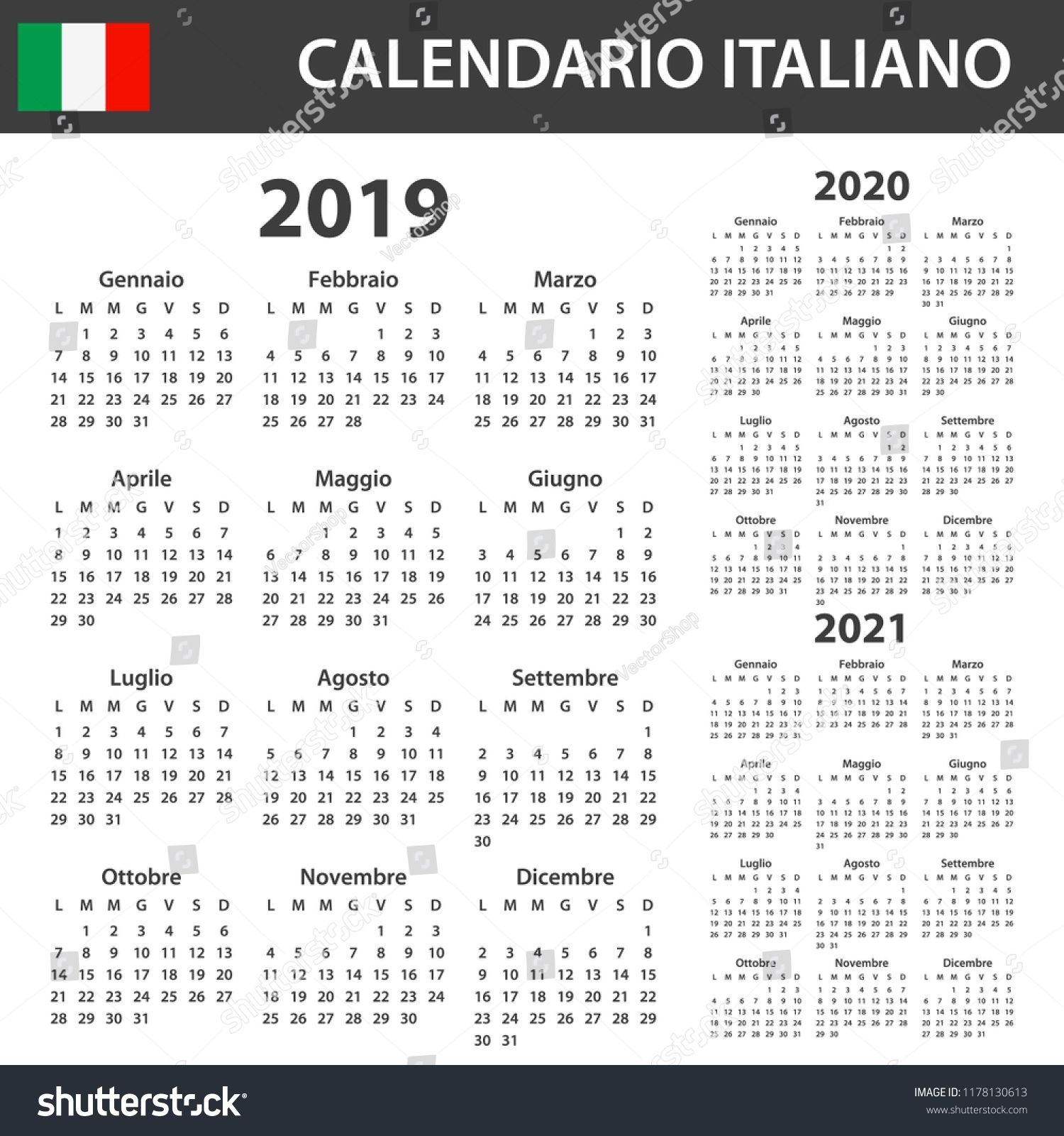 Italian Calendar For 2019, 2020 And 2021. Scheduler, Agenda