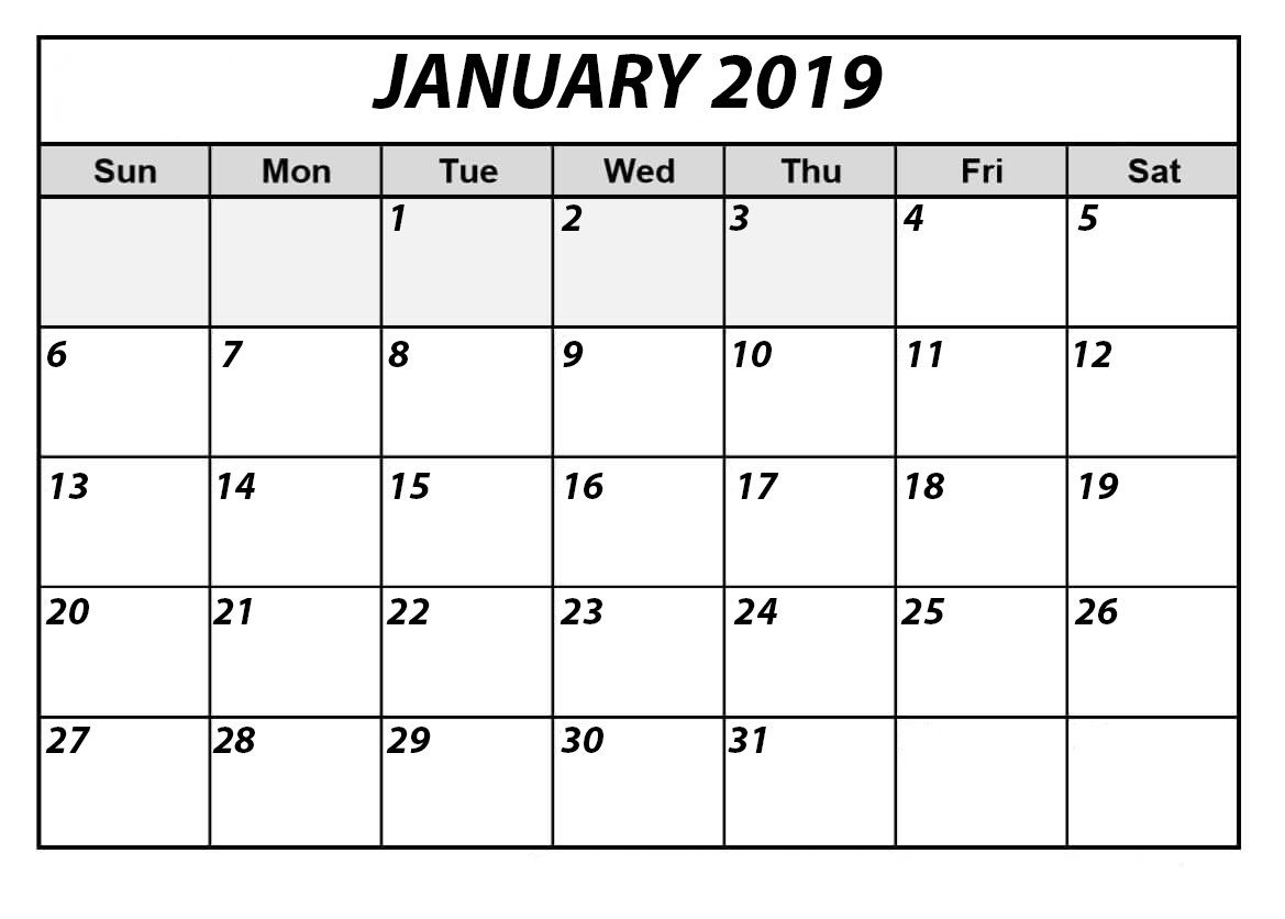 January 2019 Calendar Bold Template | Free Printable