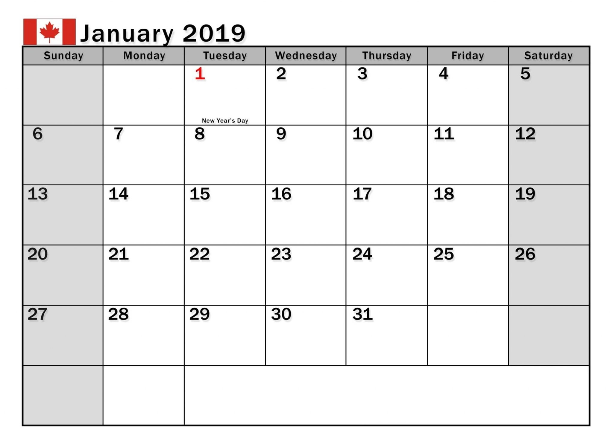 January 2019 Calendar Canada With Holidays - Free Printable