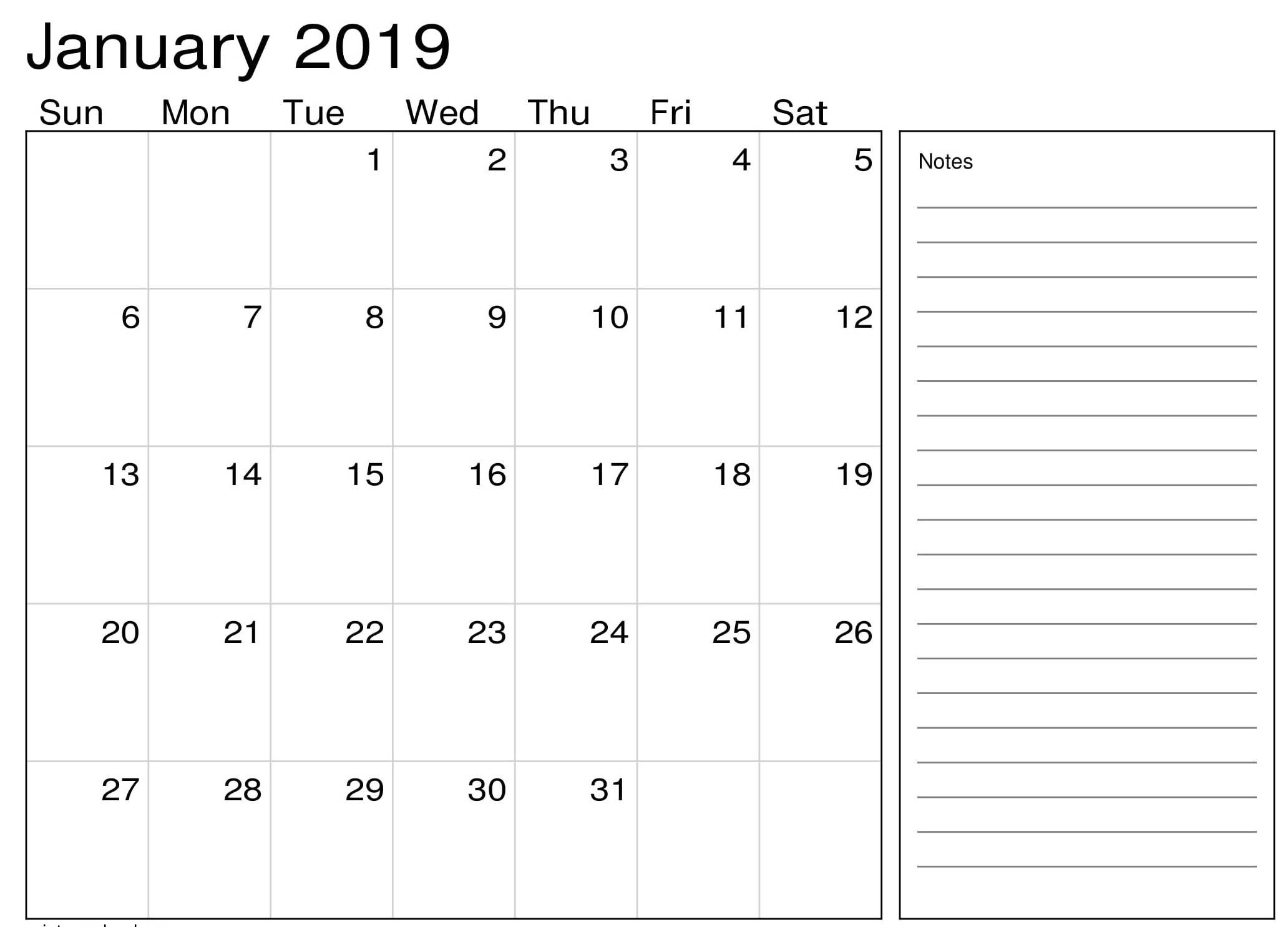 January 2019 Calendar Pdf With Notes | Calendar 2019