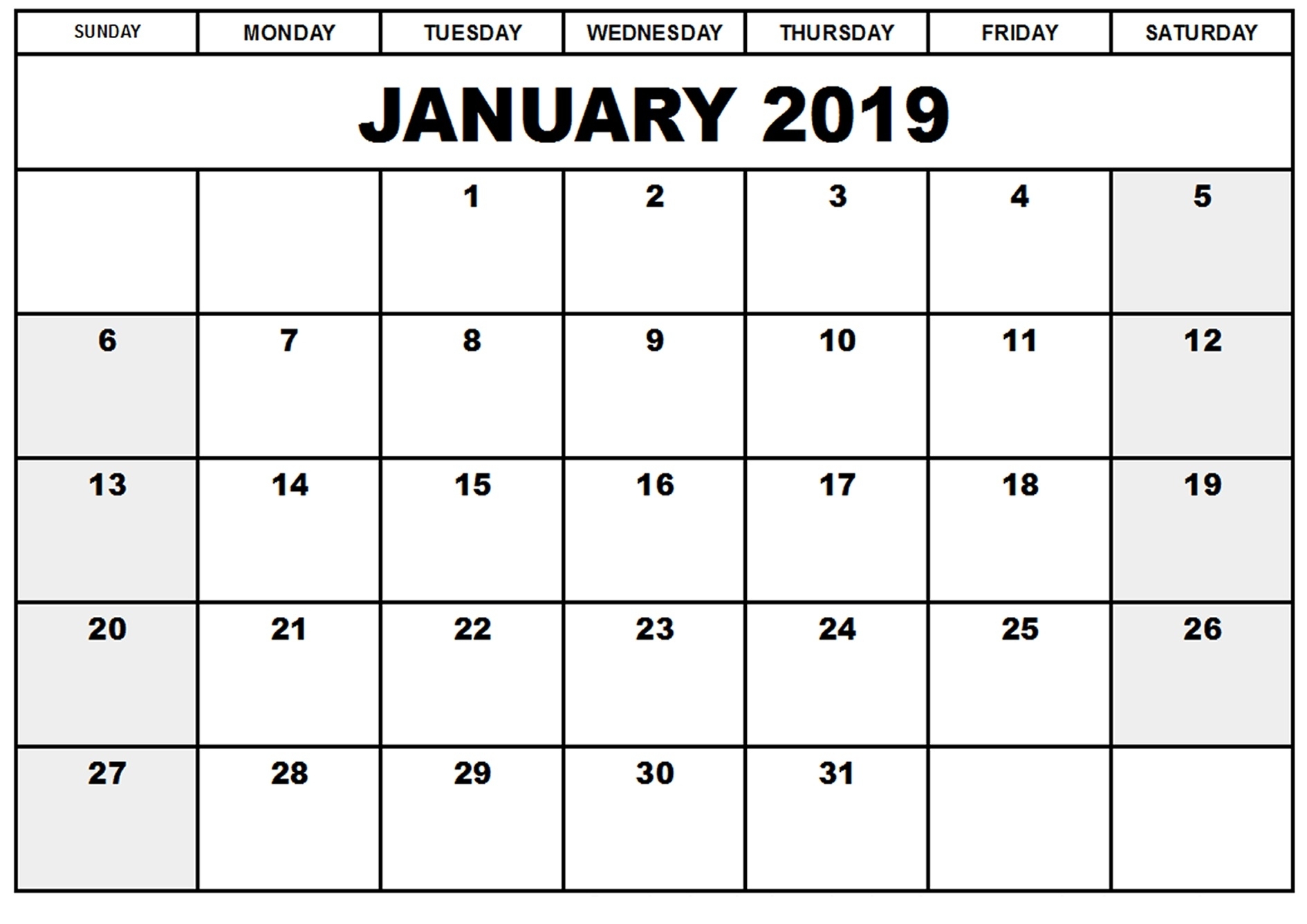 January 2019 Calendar Printable Blank Templates - Free Word