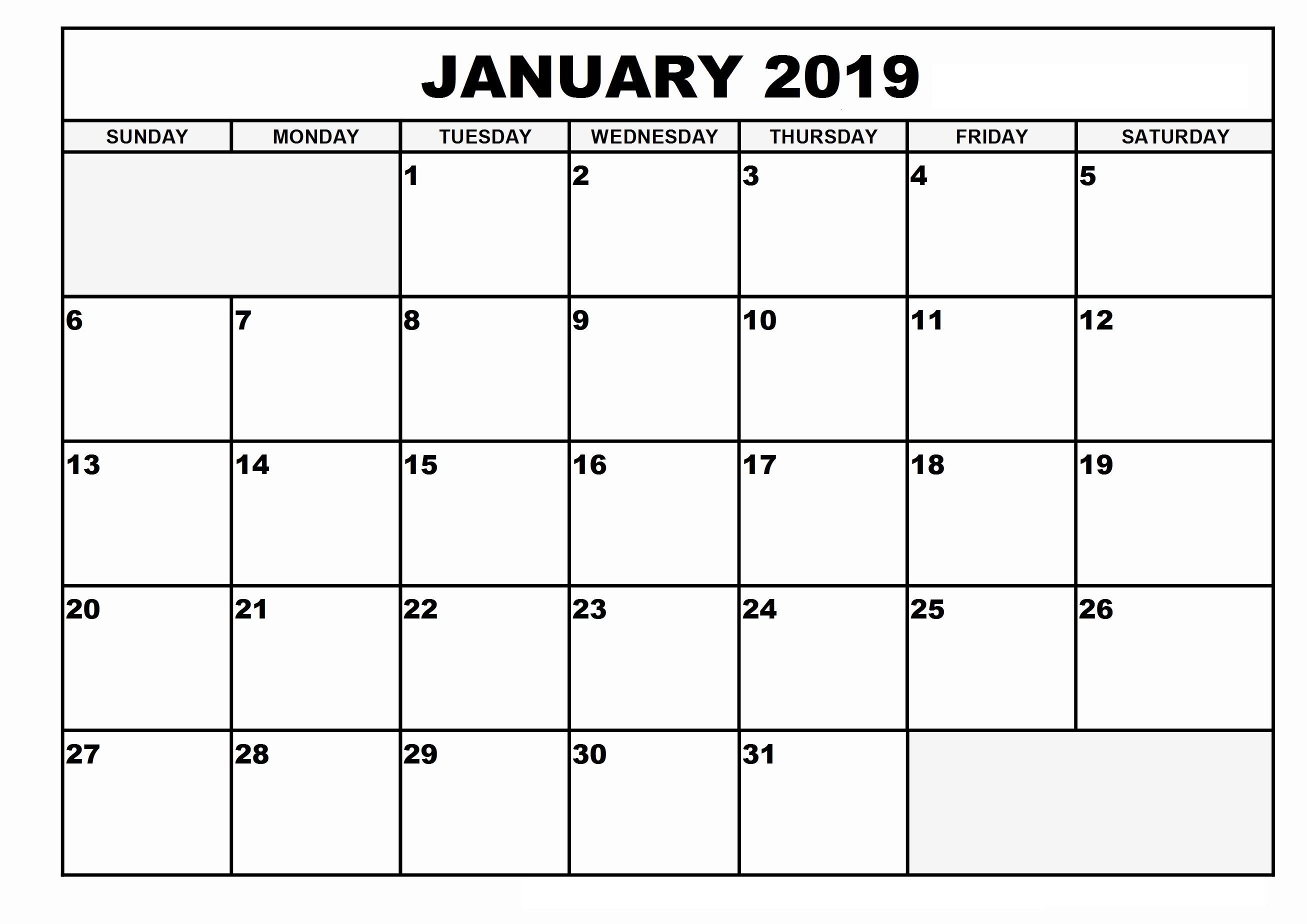 January 2019 Calendar Template Dates Printable #january2019