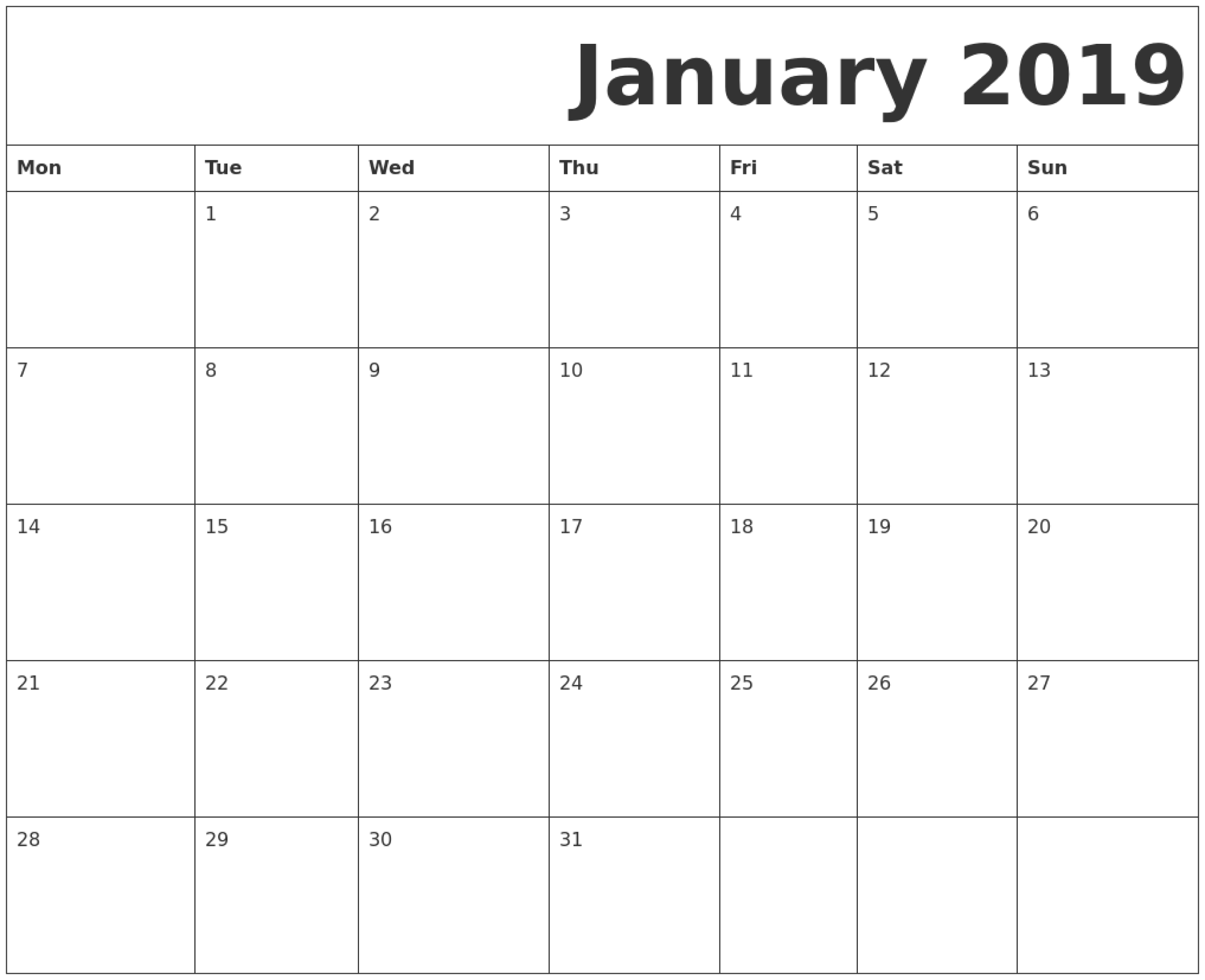 January 2019 Printable Calendar Monday Start. | Printable