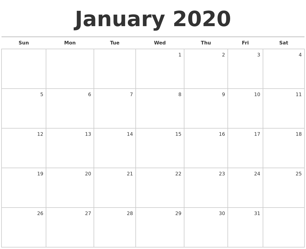 January 2020 Blank Monthly Calendar