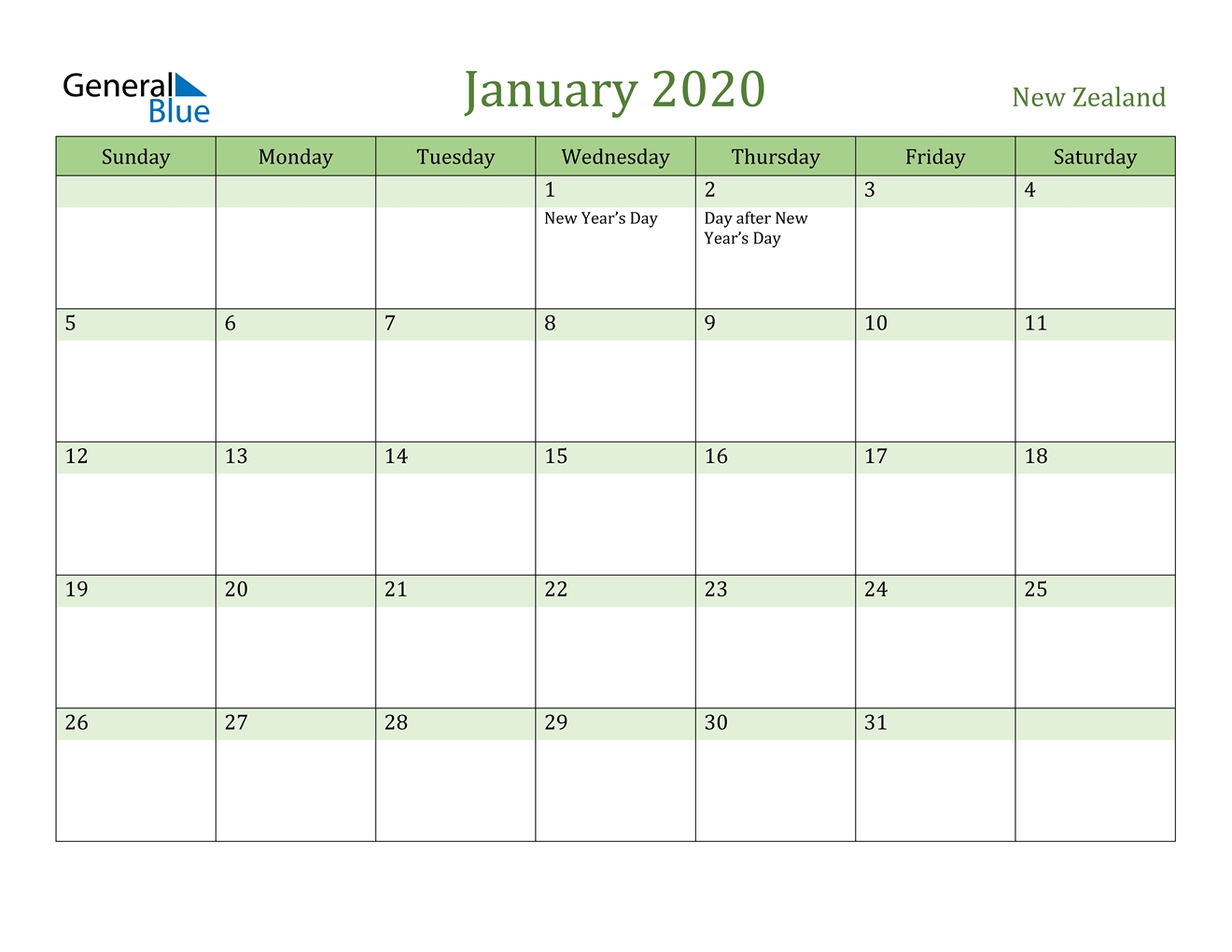 January 2020 Calendar New Zealand - Cerno.mioduchowski
