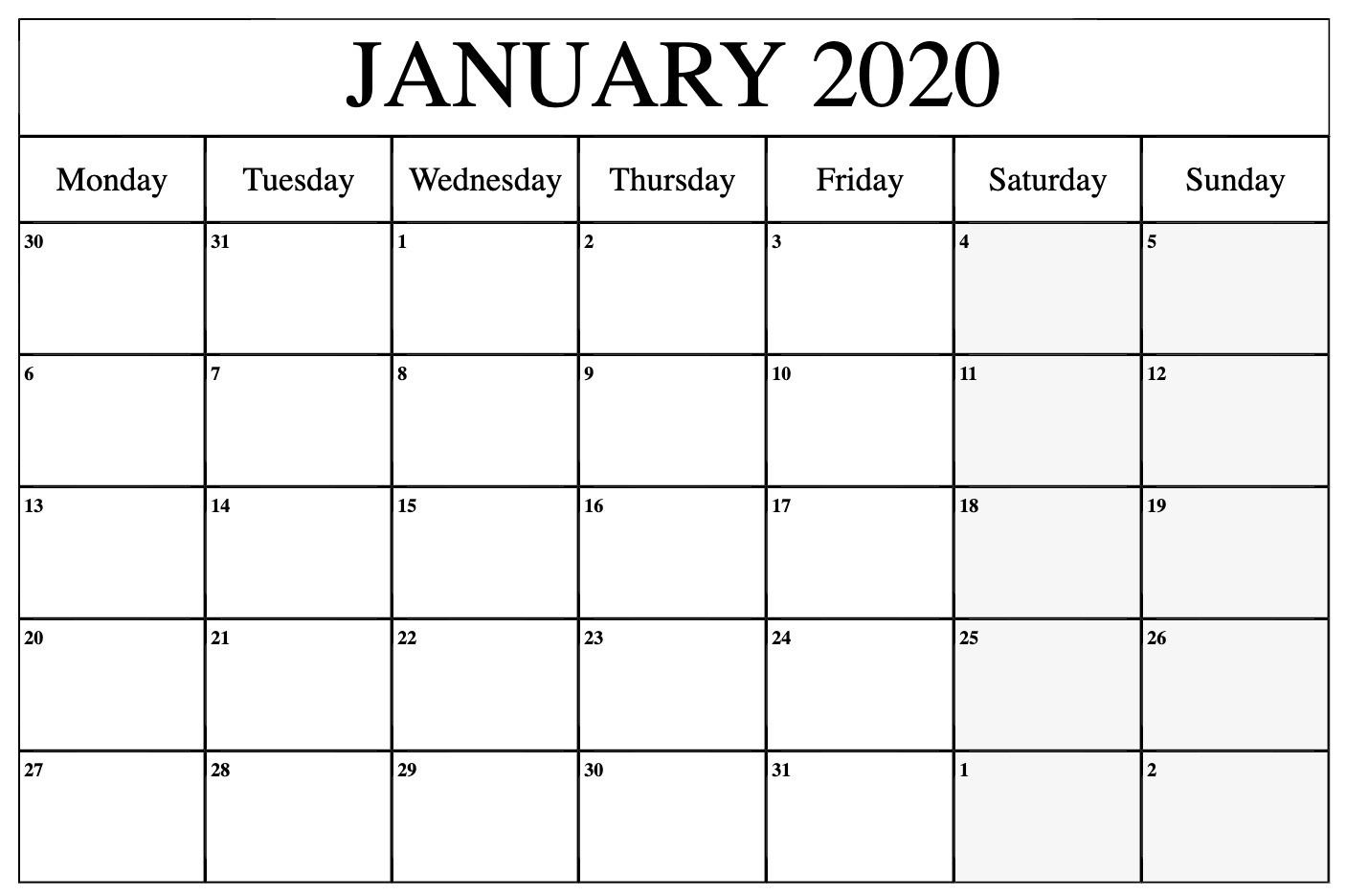 January 2020 Calendar Printable Template In Pdf Word Excel