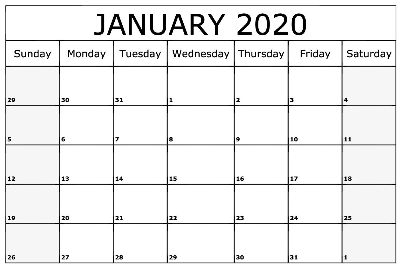 January 2020 Calendar Printable Template | Monthly Calendar