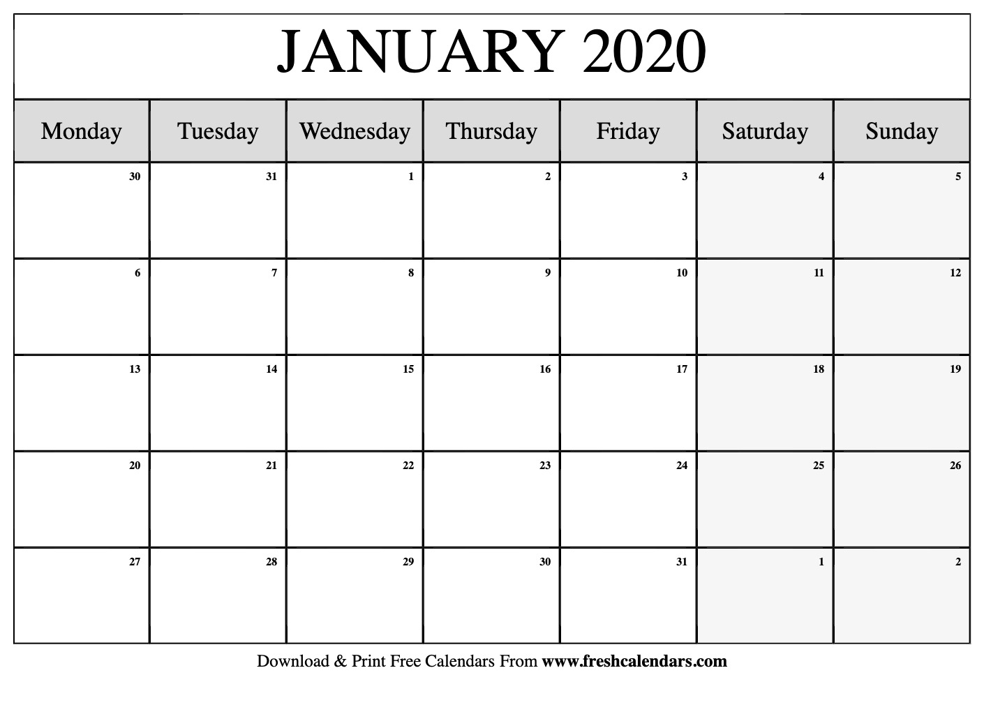 January 2020 Calendar Printable