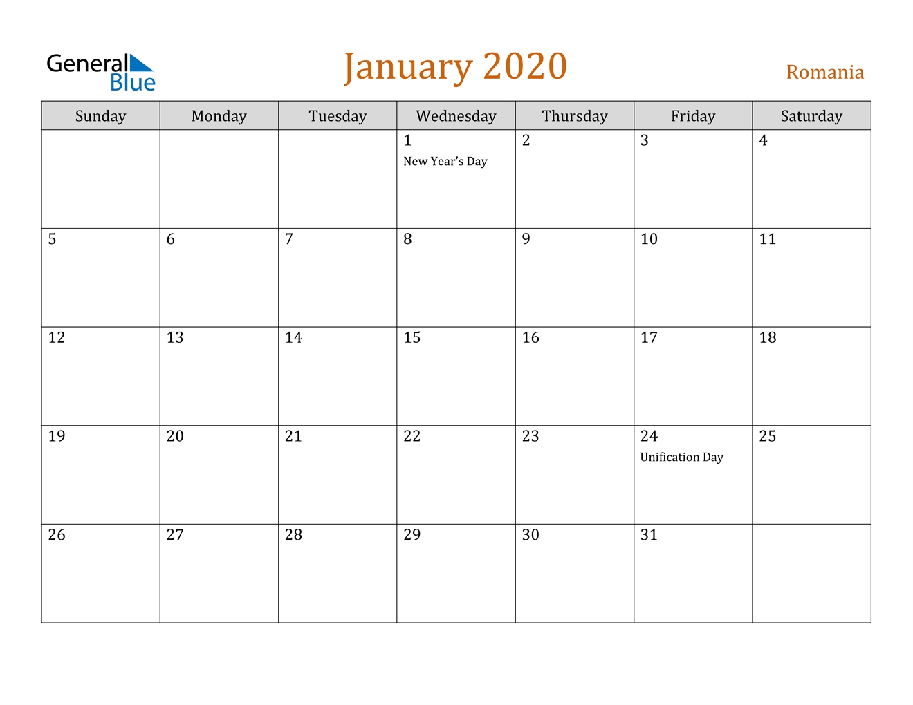 January 2020 Calendar - Romania