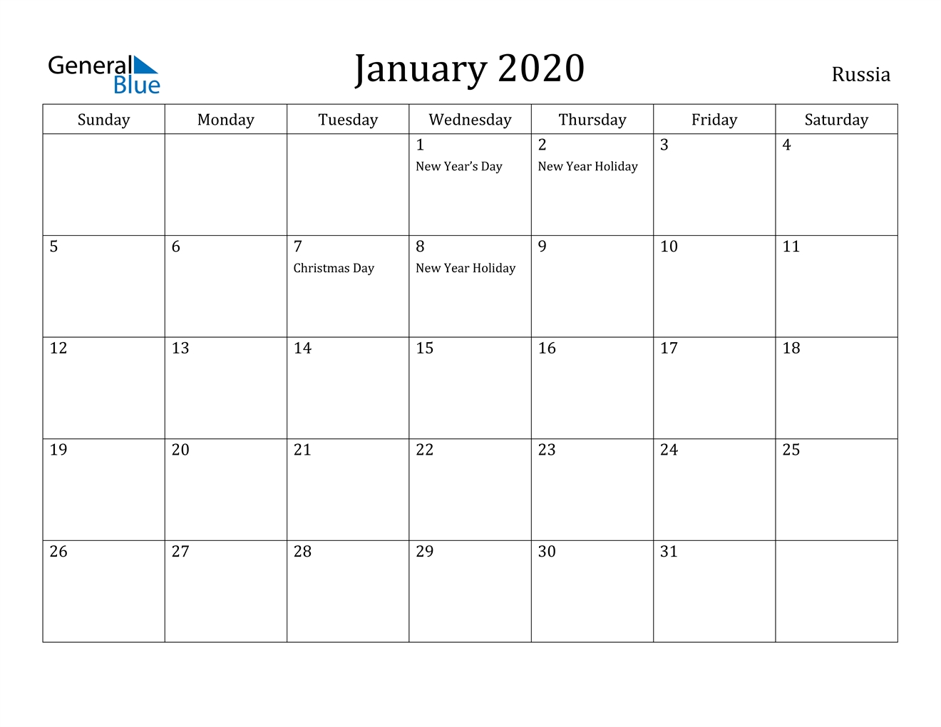 January 2020 Calendar - Russia