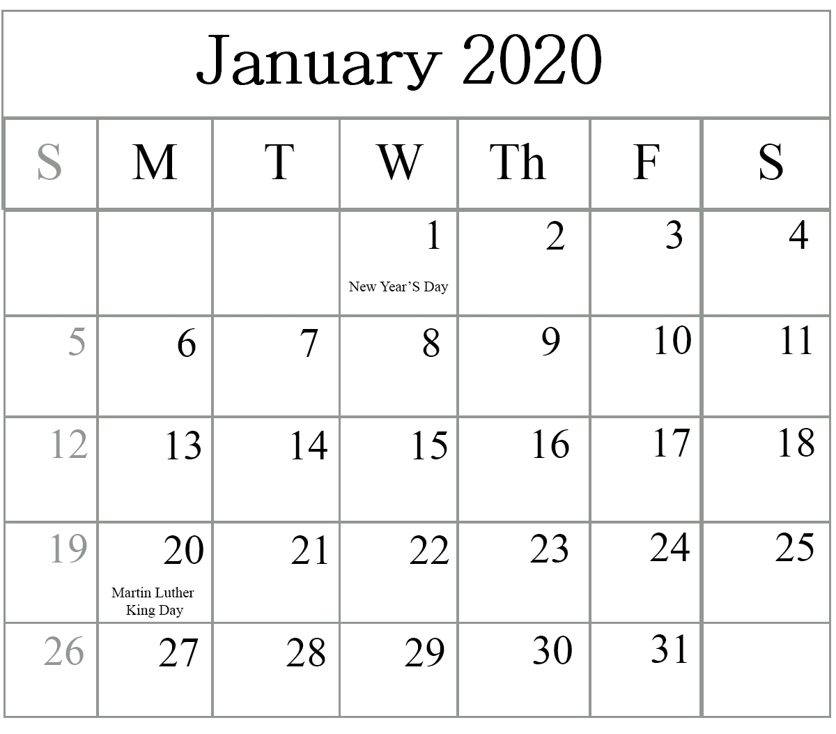 January 2020 Calendar Template : Record Your Personal And