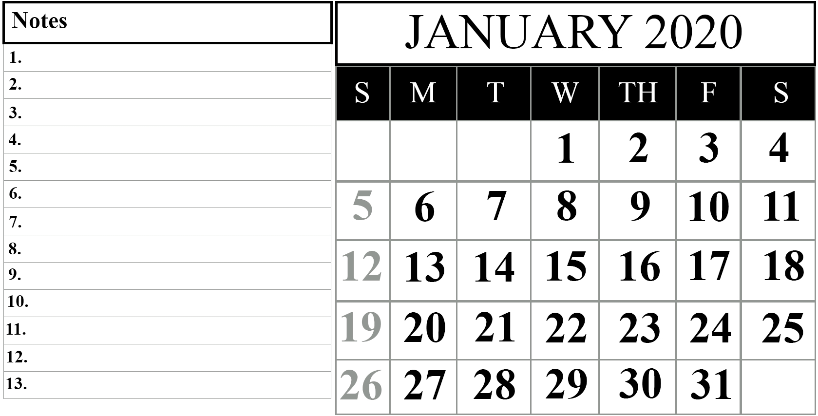 January 2020 Calendar With Notes #january #january2020