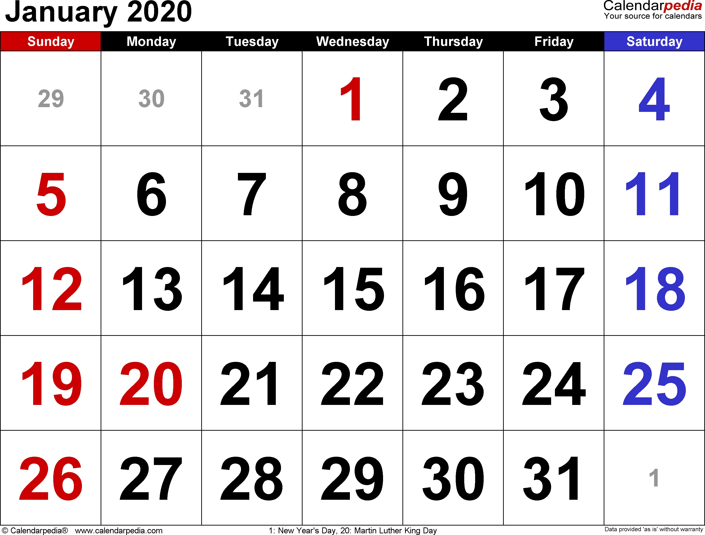 January 2020 Calendars For Word, Excel &amp; Pdf