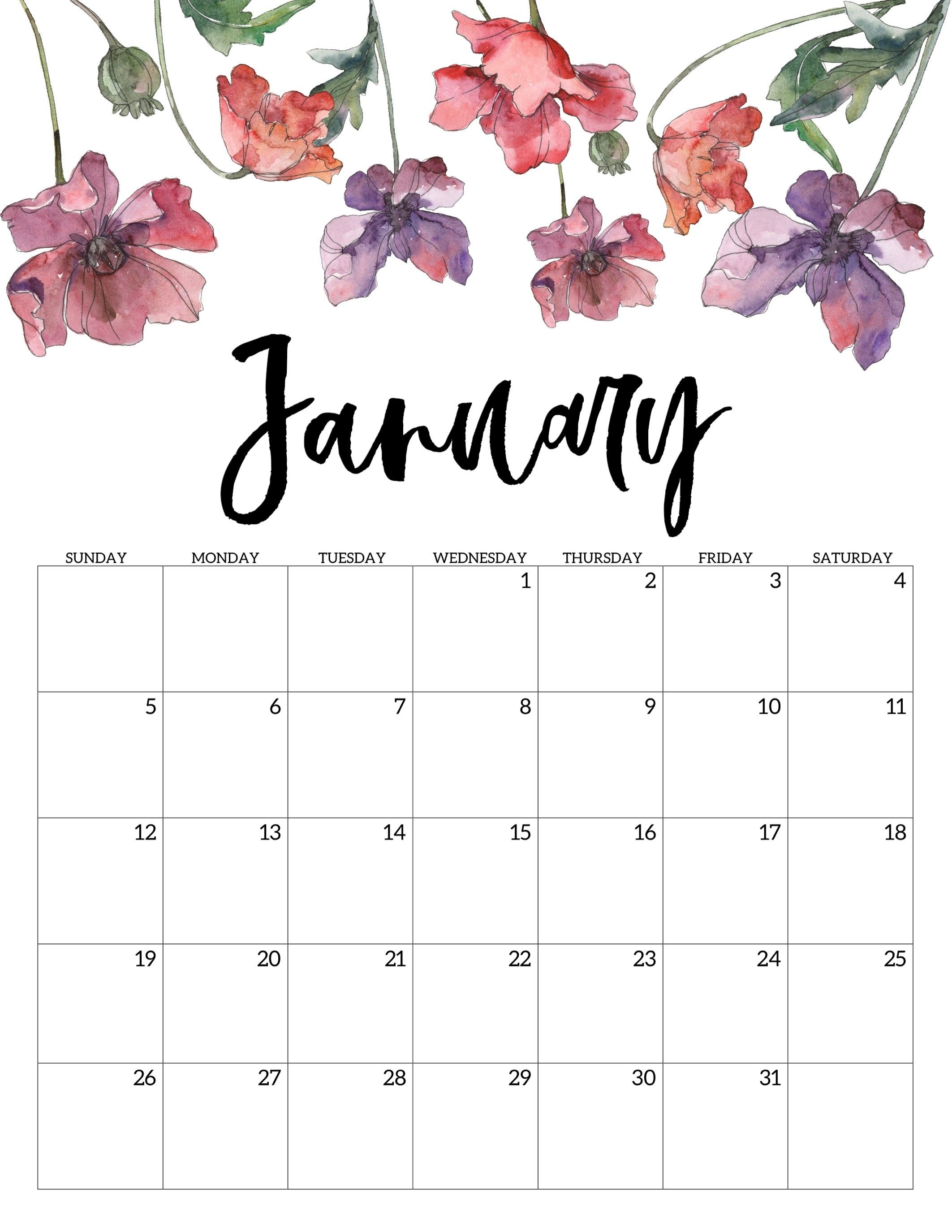 January 2020 Floral Calendar | Print Calendar, Free