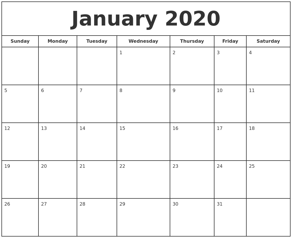 January 2020 Print Free Calendar