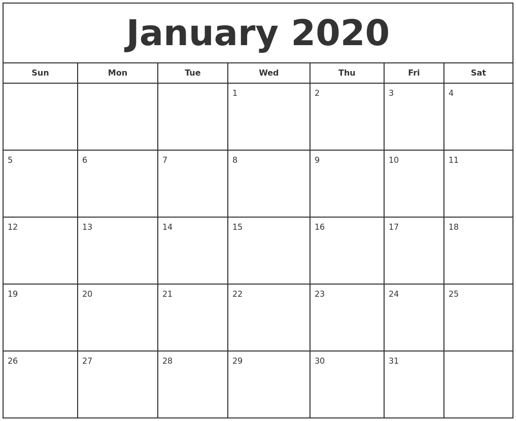 January 2020 Print Free Calendar