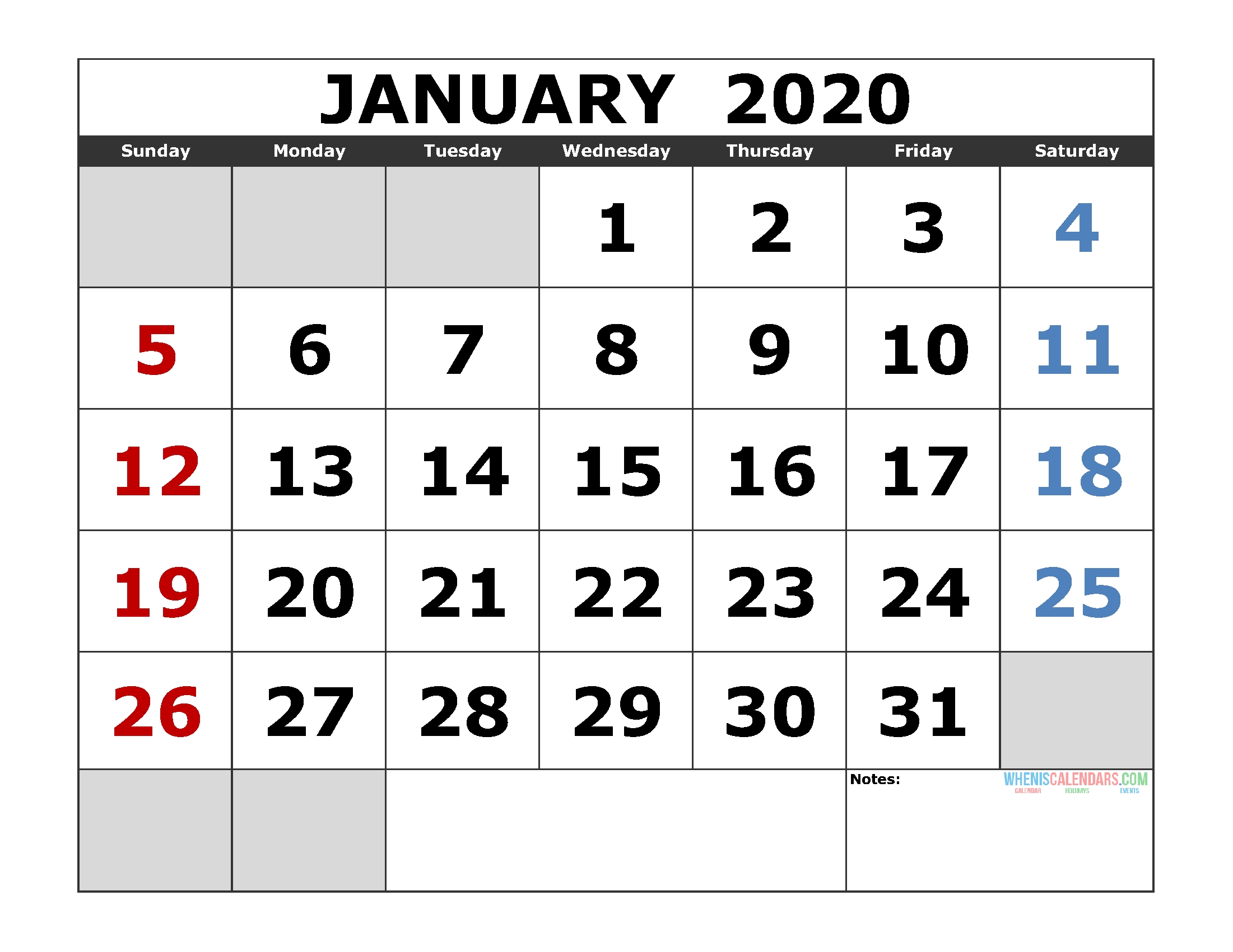 January 2020 Printable Calendar Template Excel, Pdf, Image