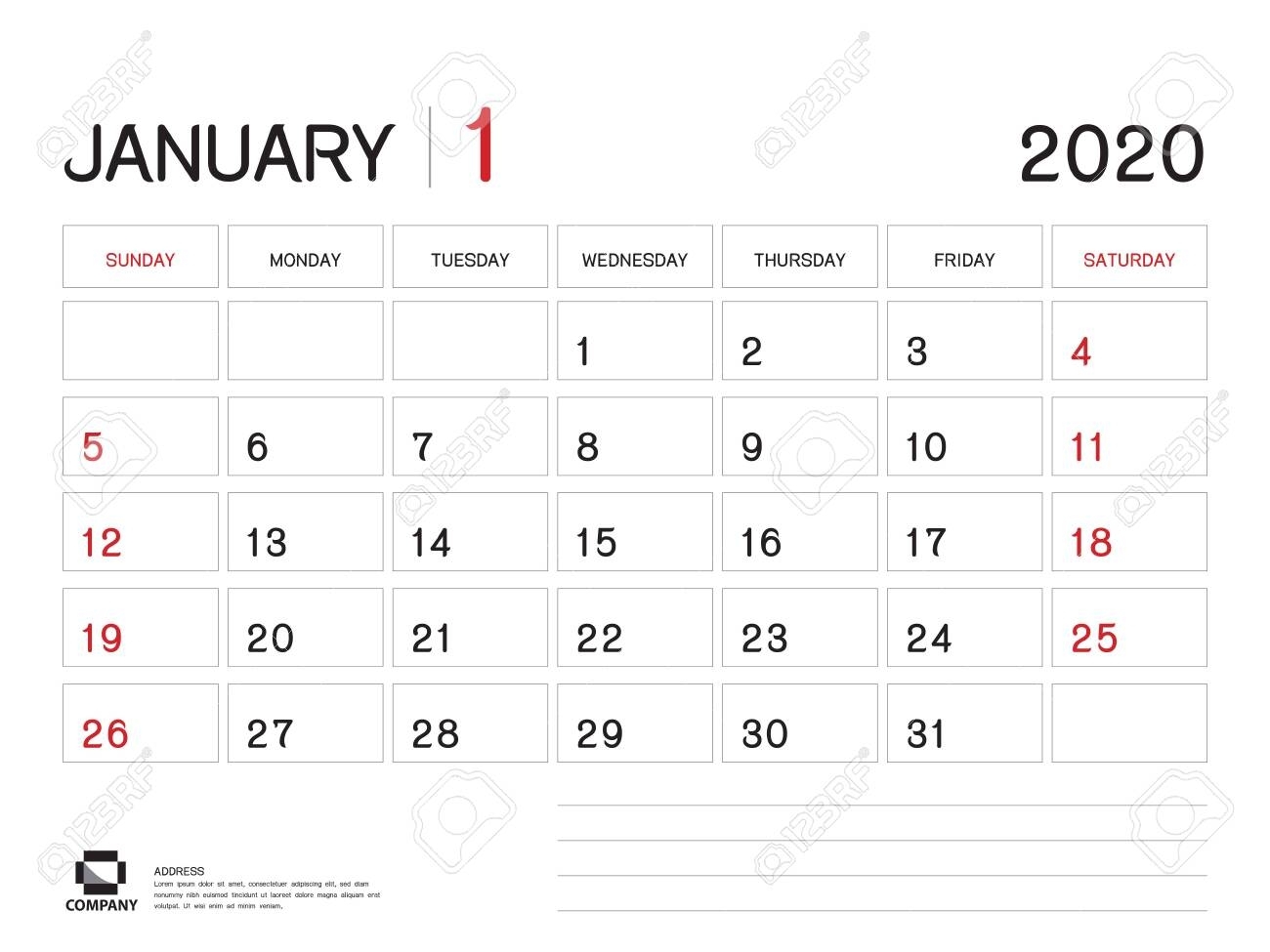 January 2020 Year Template, Calendar 2020, Desk Calendar Design,..