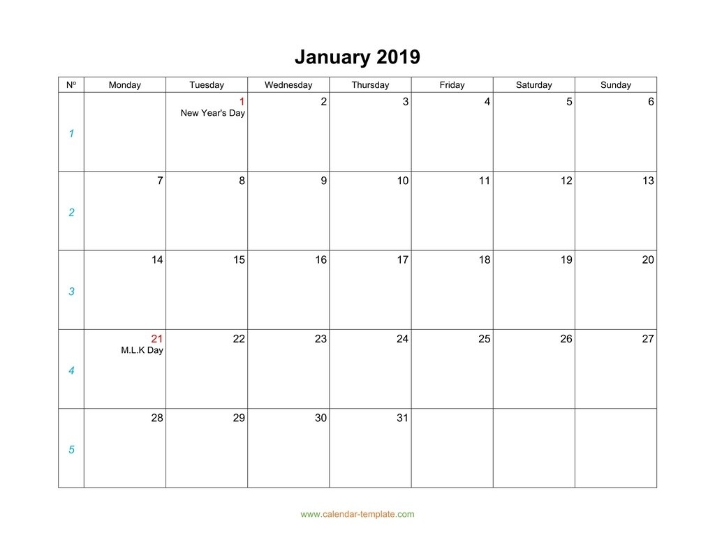 January Calendar 2019 Blank Template