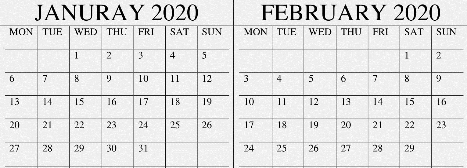 January February 2020 Calendar Excel,pdf Template – Free