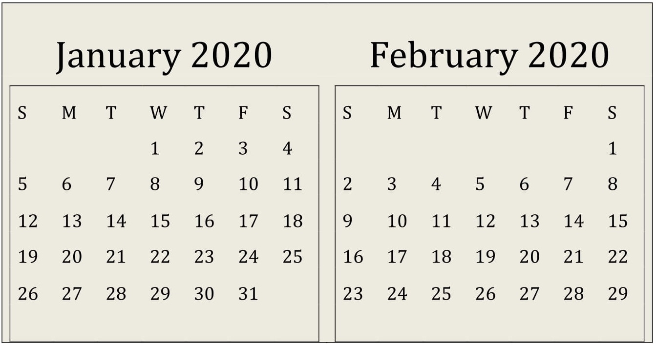 January February 2020 Calendar Print Online - Latest