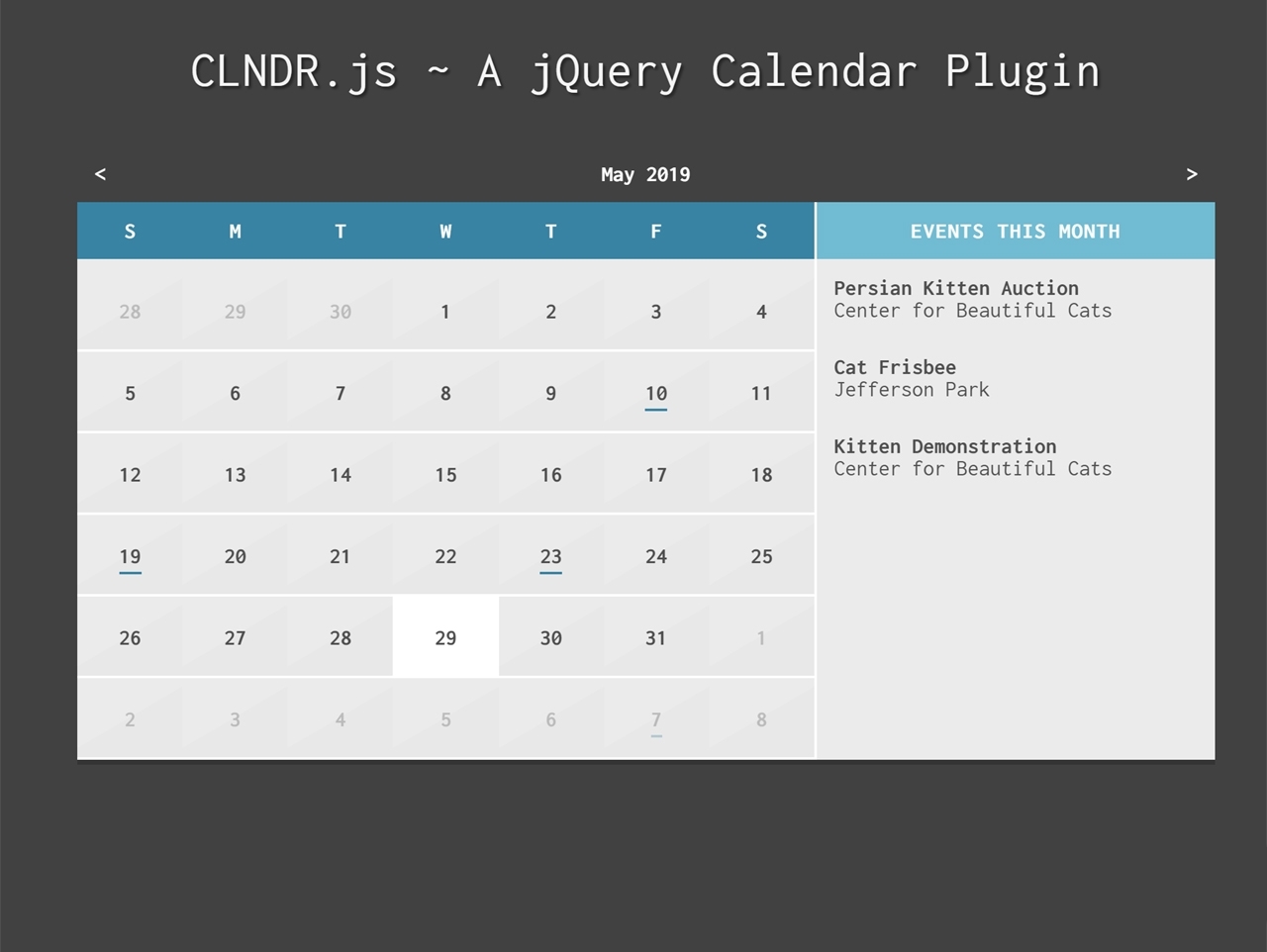 Jquery Calendar Plugin With Daily Events - Clndr.js — Codehim