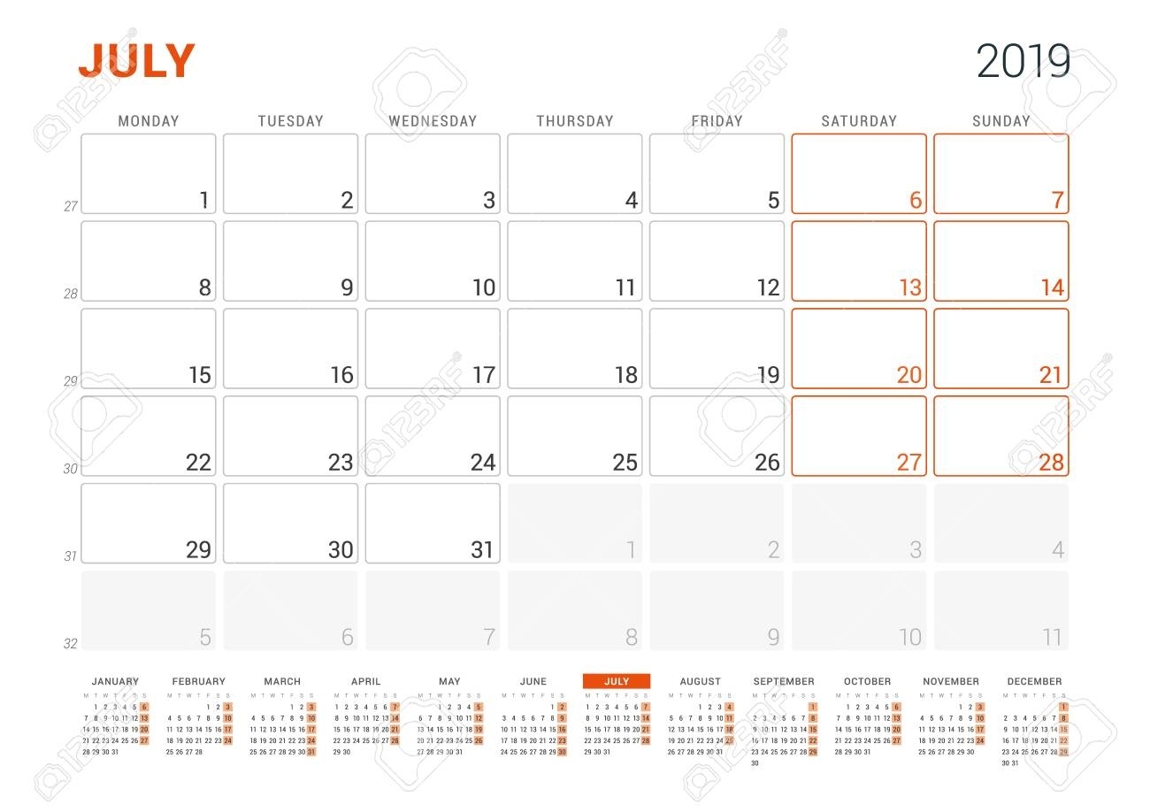 July 2019. Calendar Planner For 2019 Year. Vector Design Print..