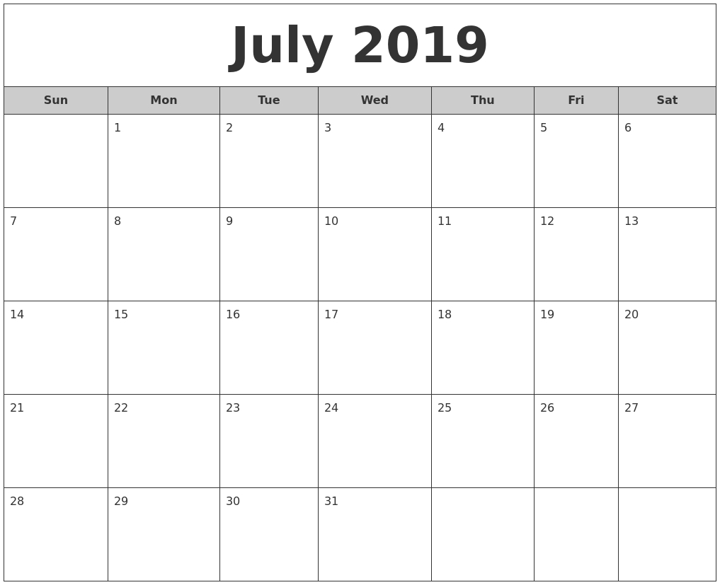 July 2019 Free Monthly Calendar