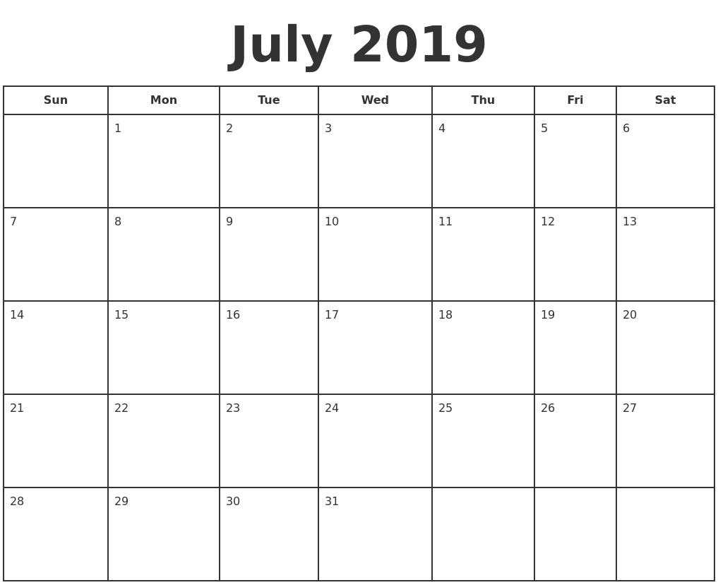 July 2019 Print A Calendar