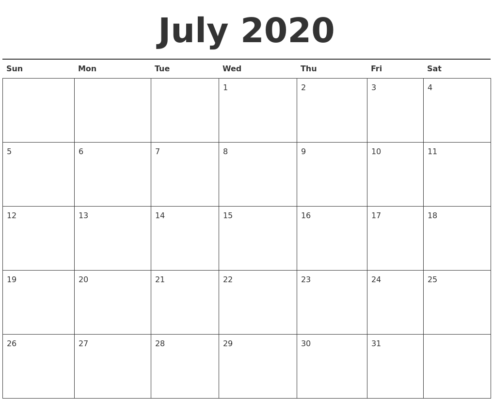 July 2020 Calendar Printable