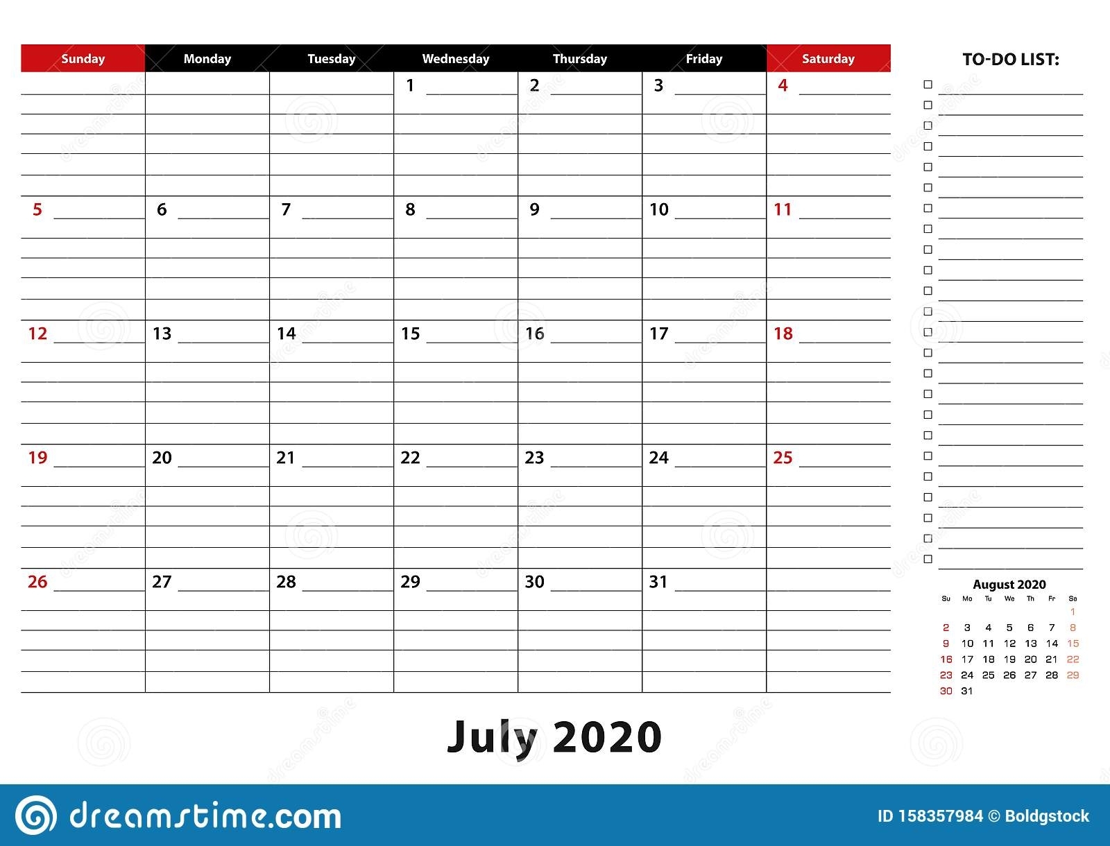 July 2020 Monthly Desk Pad Calendar Week Starts From Sunday