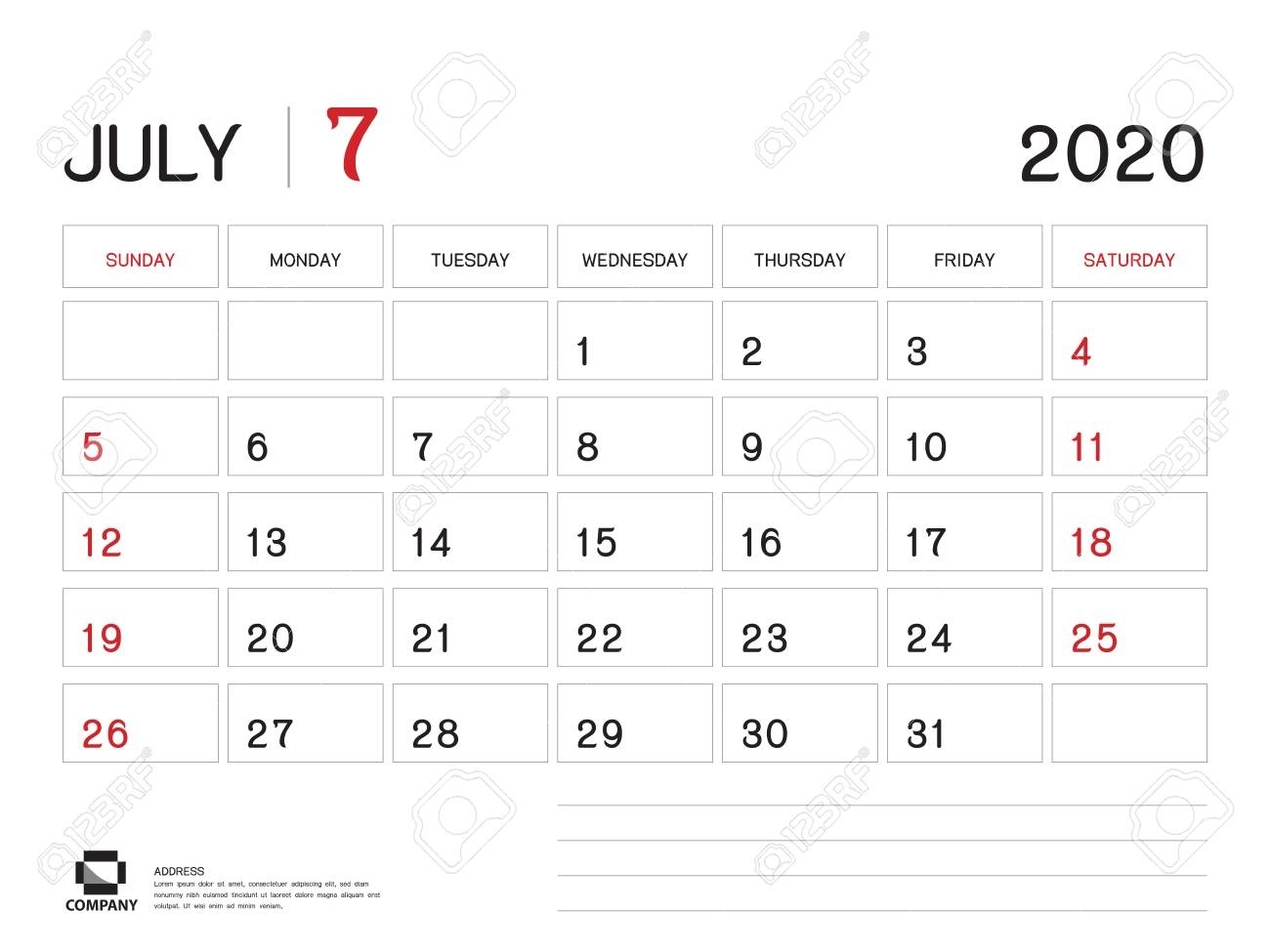 July 2020 Year Template, Calendar 2020 Vector, Desk Calendar..