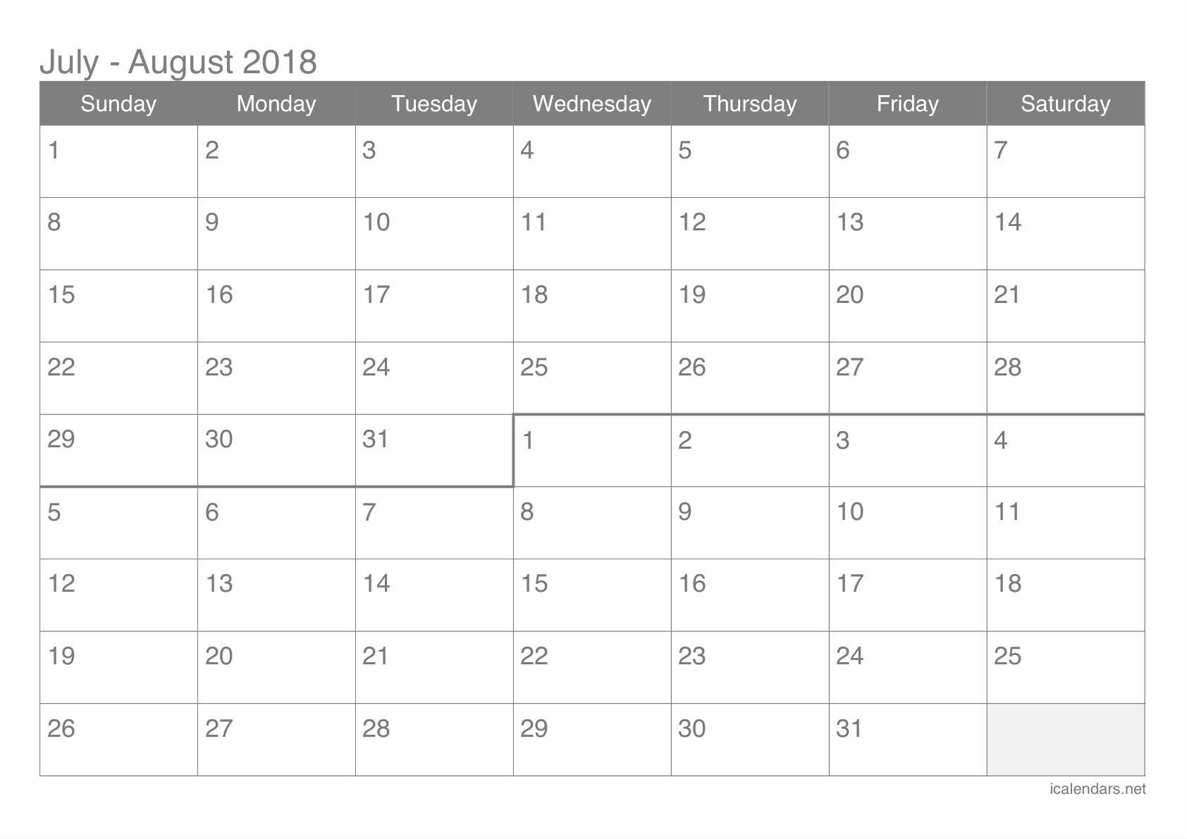 July And August 2018 Printable Calendar - Icalendars