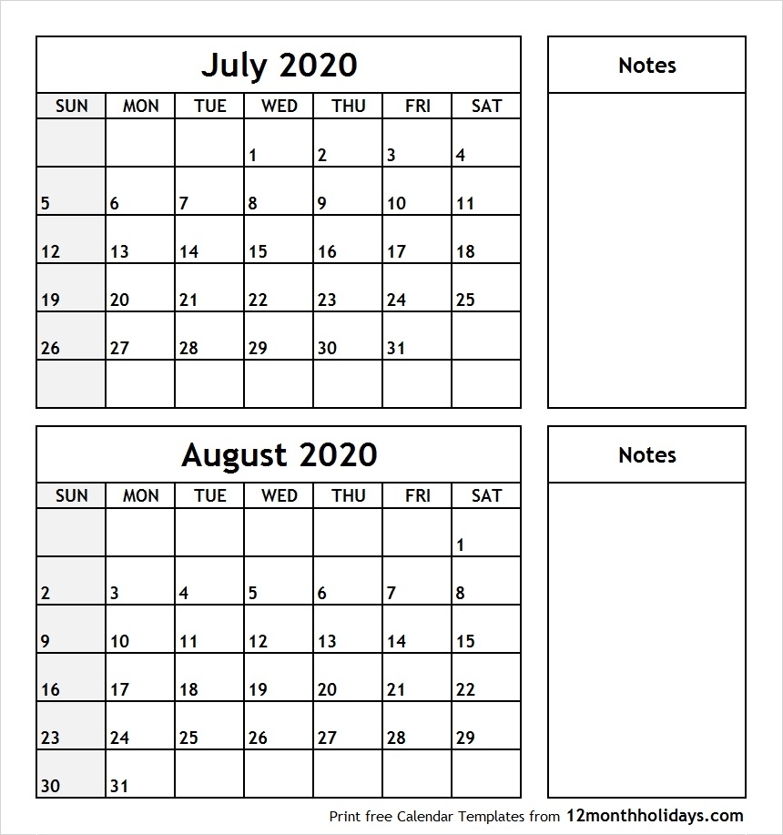 Calendar 2020 July August | Month Calendar Printable