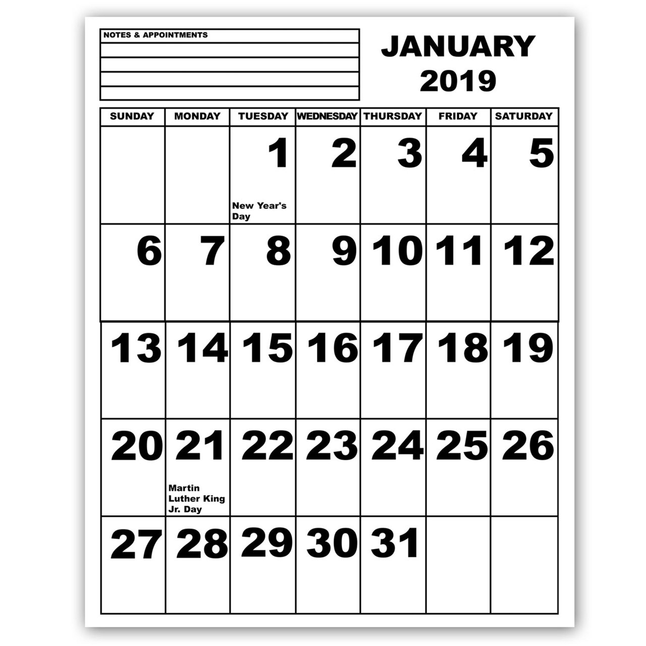 Jumbo Print Calendar - 2019