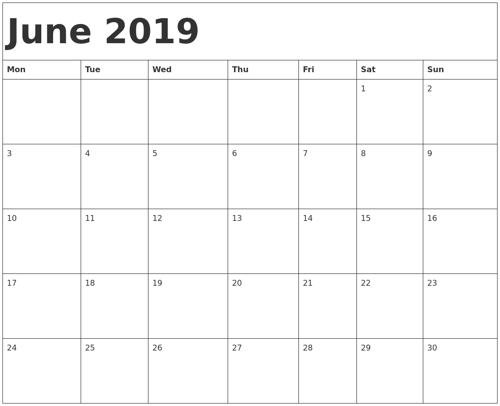 June 2019 Calendar Template