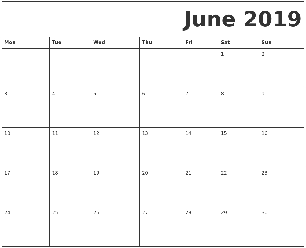 June 2019 Free Printable Calendar