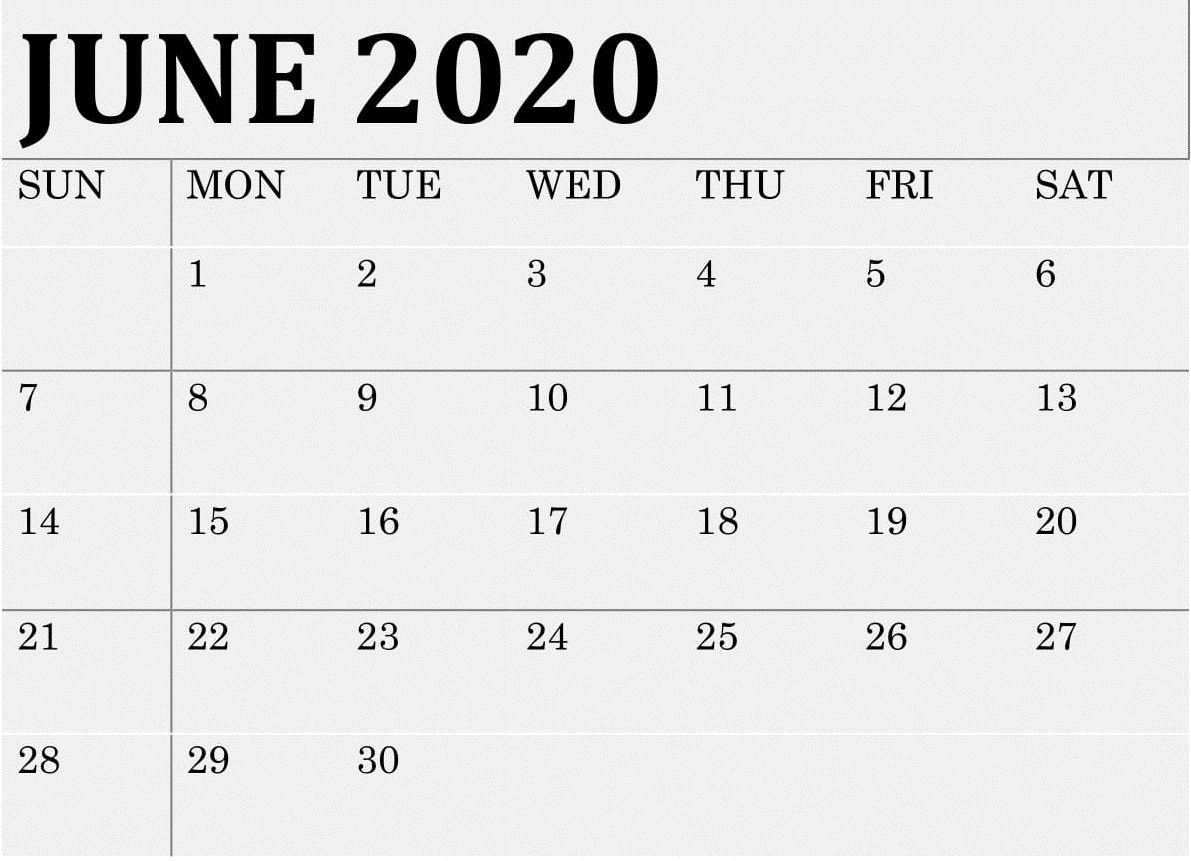 June 2020 Calendar Monthly Template - Latest Printable